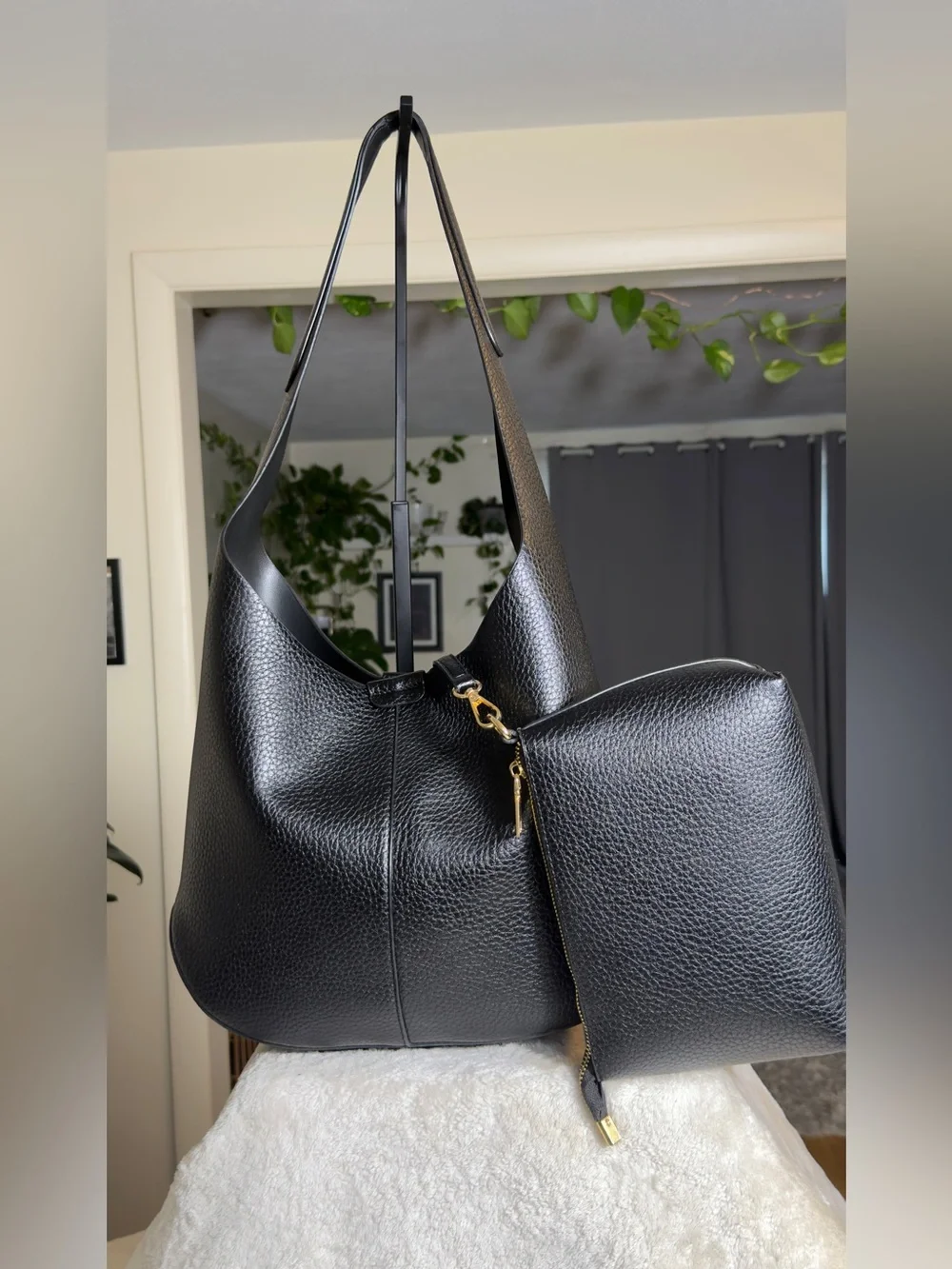Black Pebbled Leather Slouchy Hobo Bag Minimalist Tulip Tote Pouch